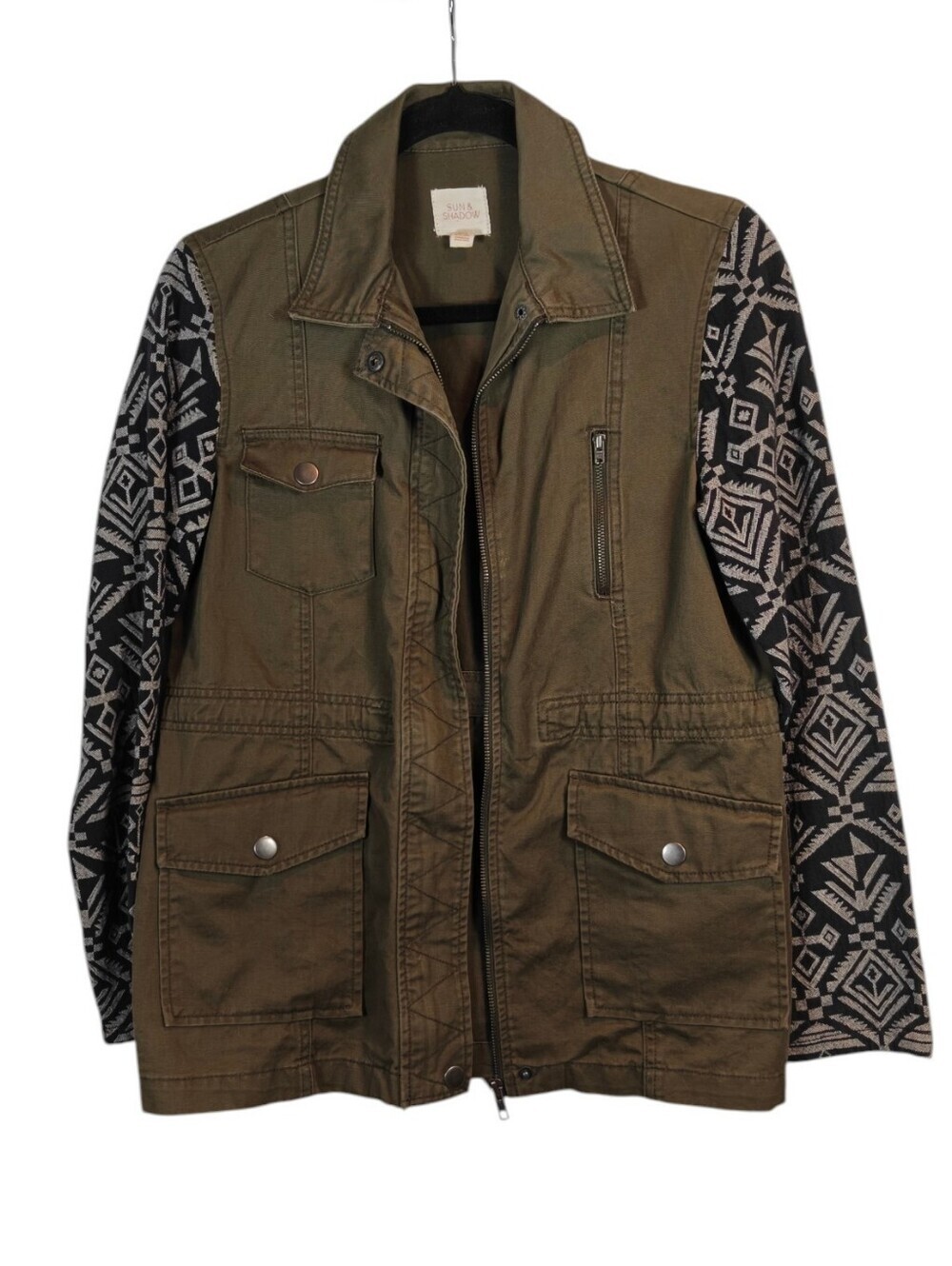 SUN & SHADOW Olive Military Field Jacket with Black & White Sleeves Size XS